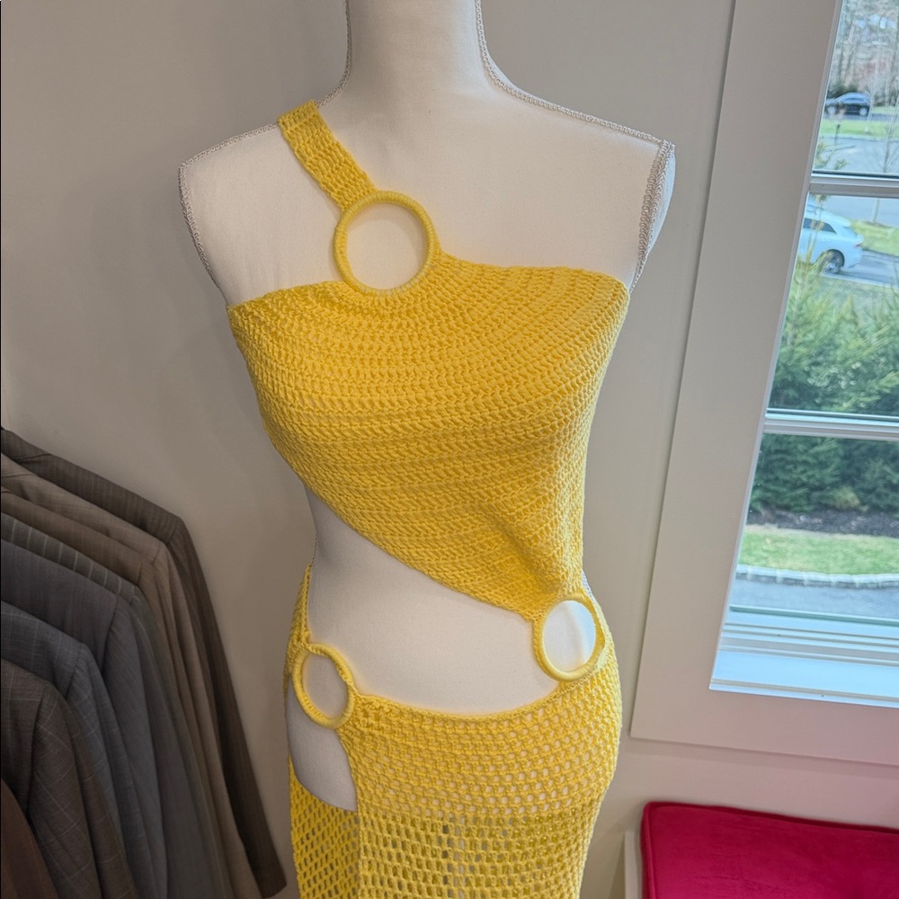 Yellow Crochet Beach cover up Dress with Ring Details